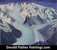Original landscape painting featuring flowing BC Coastal Mountain Glaciers by renown Canadian Artist, Donald Flather