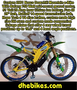 Visit dhebikes.com for custom made to order mens and womens electric downhill mountain bikes, electric motor kits, custom paint and custom machining like on this 2001 Norco Downhill mountain bike